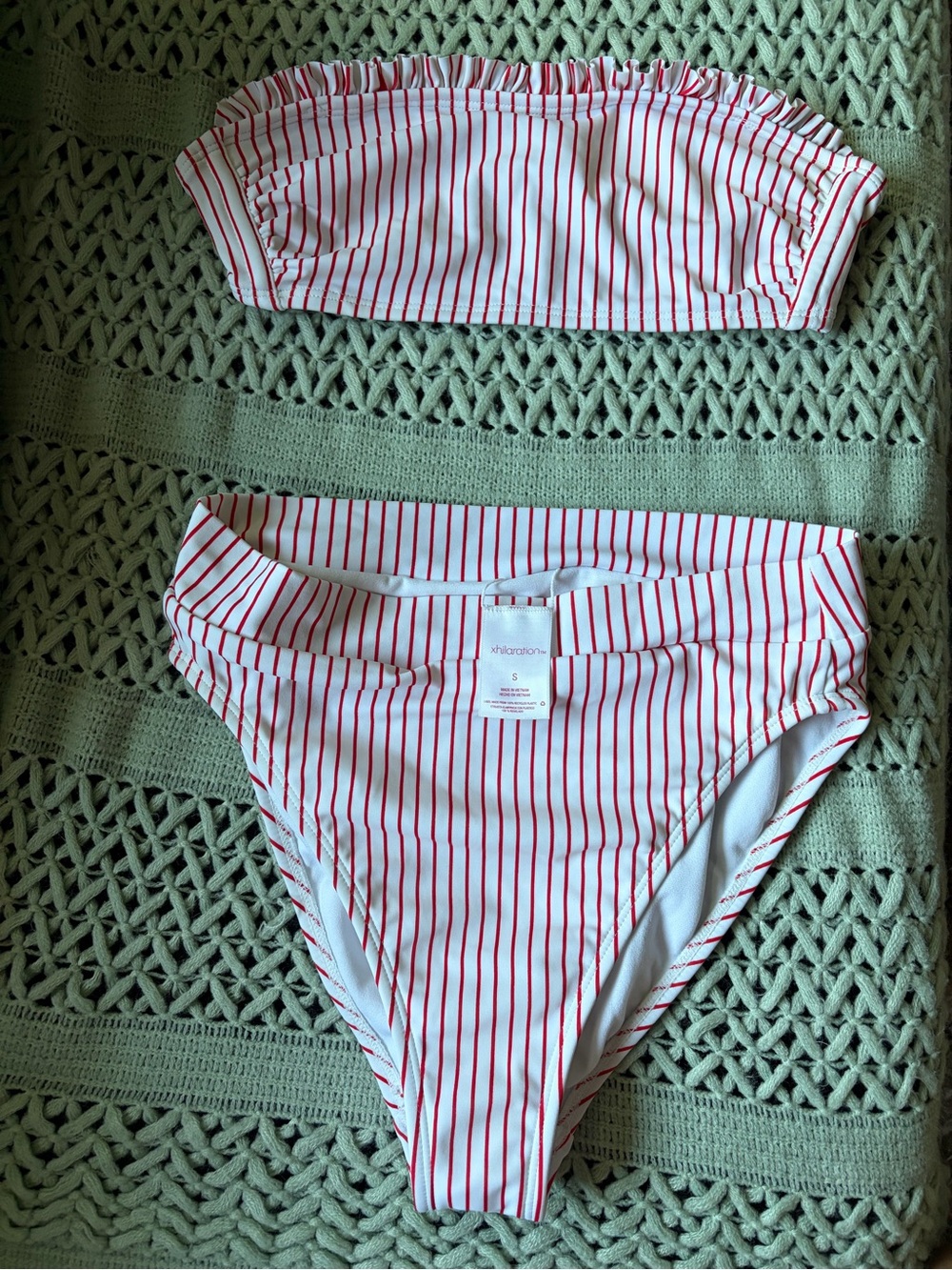 Xhilaration high waisted strapless White Bikini with Red Pinstripes matching set